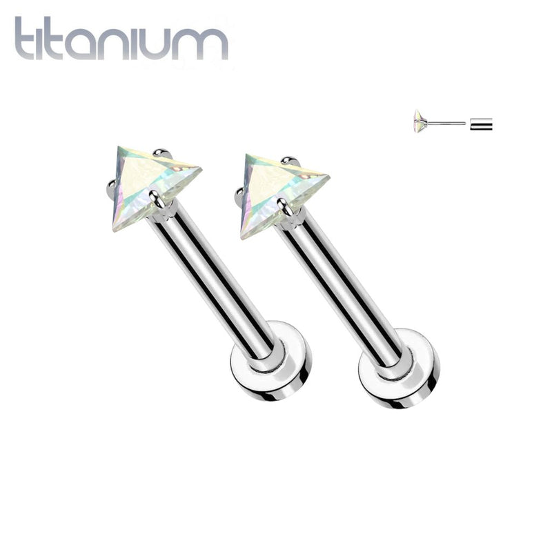 Pair of Implant Grade Titanium Aurora Borealis CZ Triangle Gem Threadless Push In Earrings With Flat Back - Pierced Universe