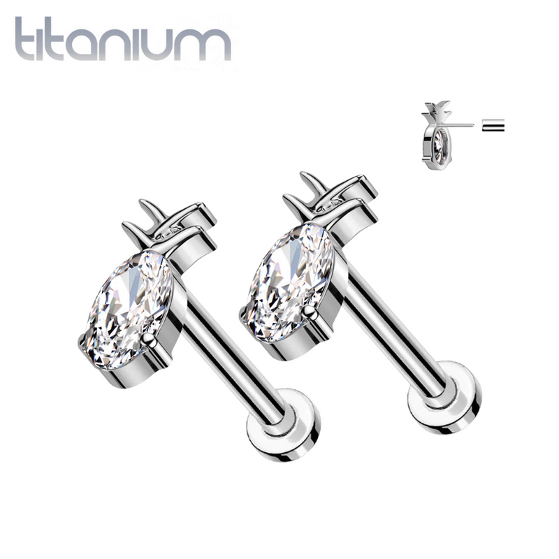 Pair of Implant Grade Titanium White CZ Gem Pineapple Threadless Push In Earrings With Flat Back - Pierced Universe