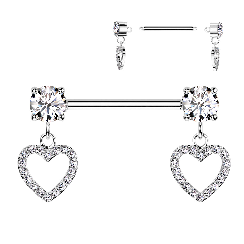 316L Surgical Steel White CZ Heart Outline Dangle Nipple Ring