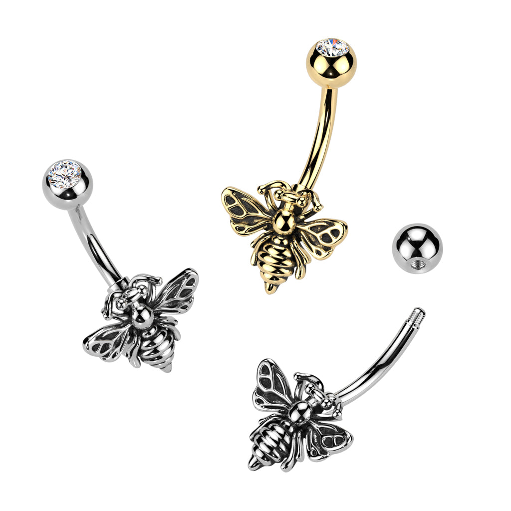 316L Surgical Steel White CZ Bee Belly Ring Pierced Universe 316l-surgical-steel-white-cz-bee-belly-ring-pierced-universe
