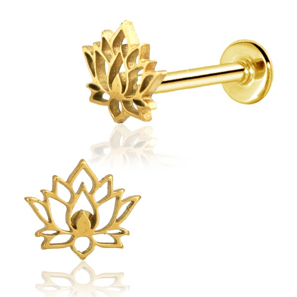 316L Surgical Steel Gold PVD Internally Threaded Lotus Flower Flat Back Labret - Pierced Universe