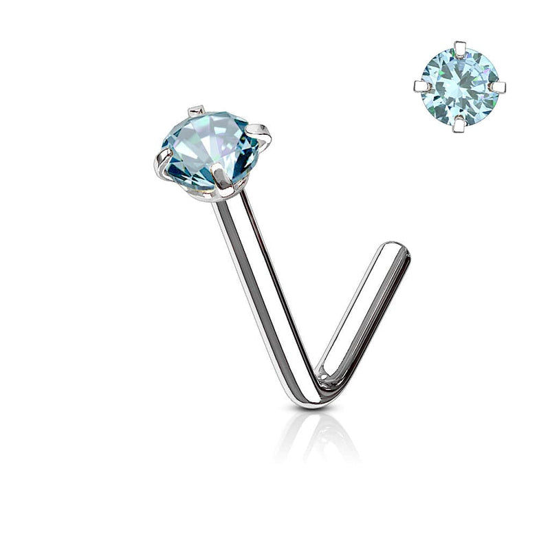 316L Surgical Steel 3mm CZ Aqua Gem Prong L Shape Nose Stud - Pierced Universe