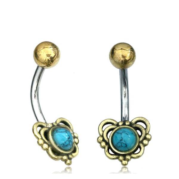 316L Surgical Steel & Brass Turquoise Heart Belly Ring - Pierced Universe