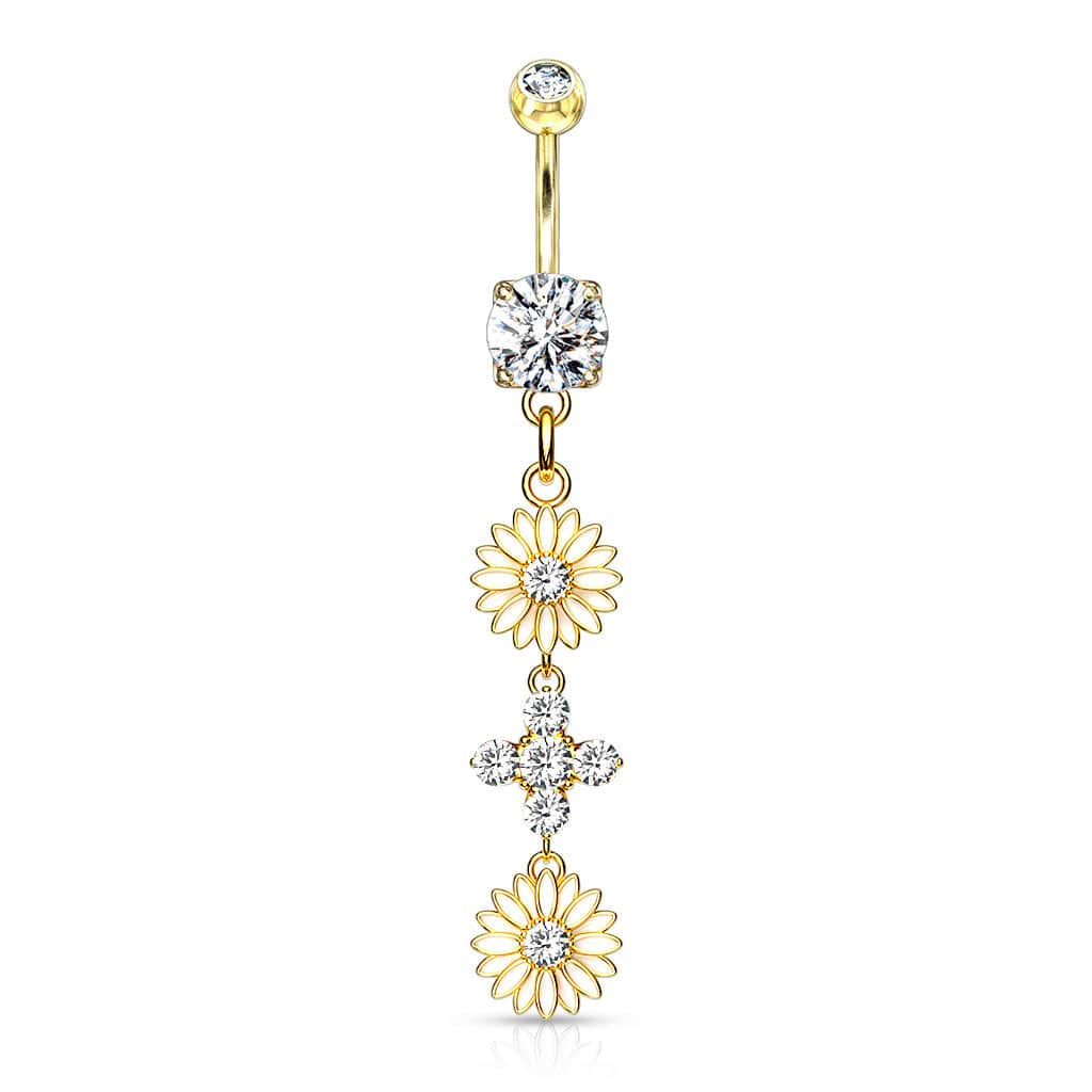 Gold Plated Surgical Steel Double CZ Flower Dangling Belly Button