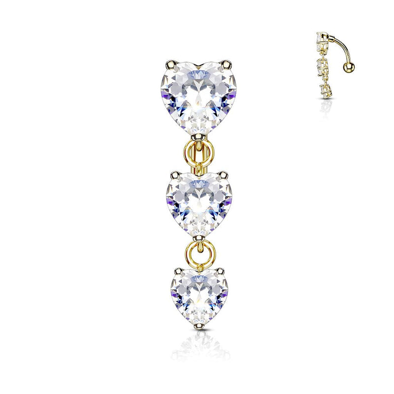Gold Plated Surgical Steel Reverse 3 Heart Prong Reverse Belly Ring - Pierced Universe