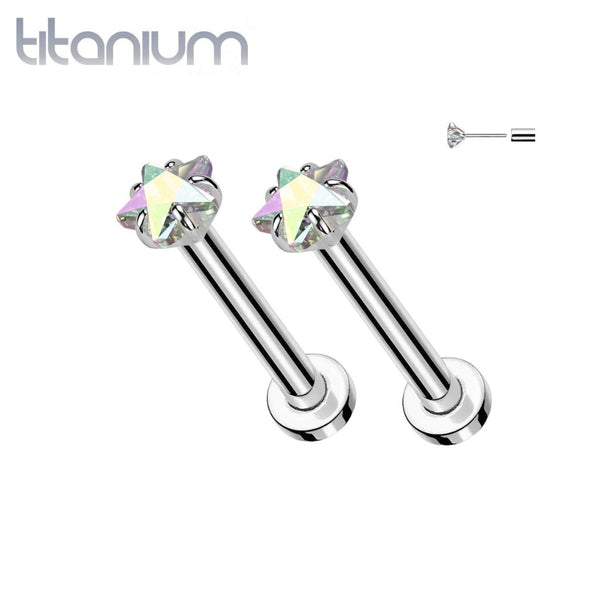 Pair of Implant Grade Titanium Small Dainty Aurora Borealis CZ Star Push In Earrings With Flat Back