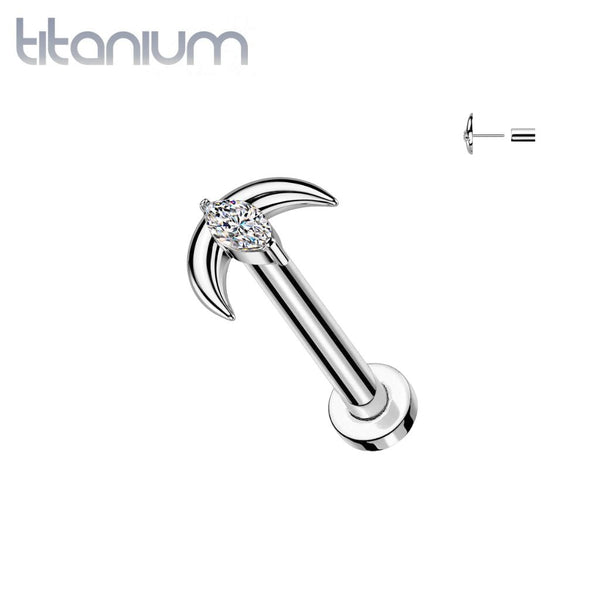Implant Grade Titanium White CZ Marquise With Crescent Moon Threadless Labret With Flat Back