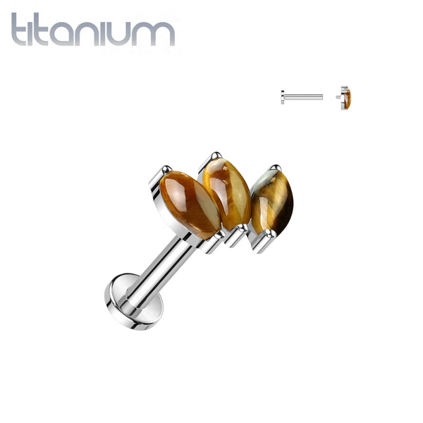Implant Grade Titanium Triple Marquise Tiger's Eye Internally Threaded Flat Back Labret Implant Grade Titanium Triple Marquise Tiger's Eye Internally Threaded Flat Back Labret