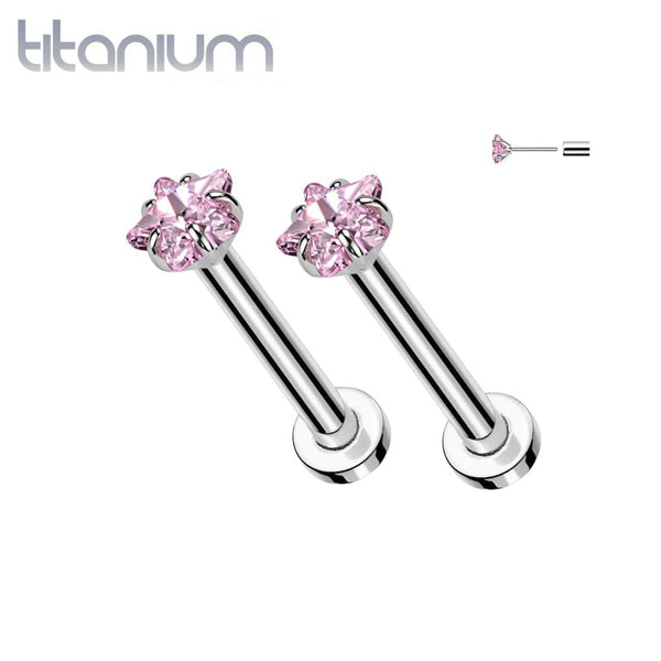 Pair of Implant Grade Titanium Small Dainty Pink CZ Star Push In Earrings With Flat Back