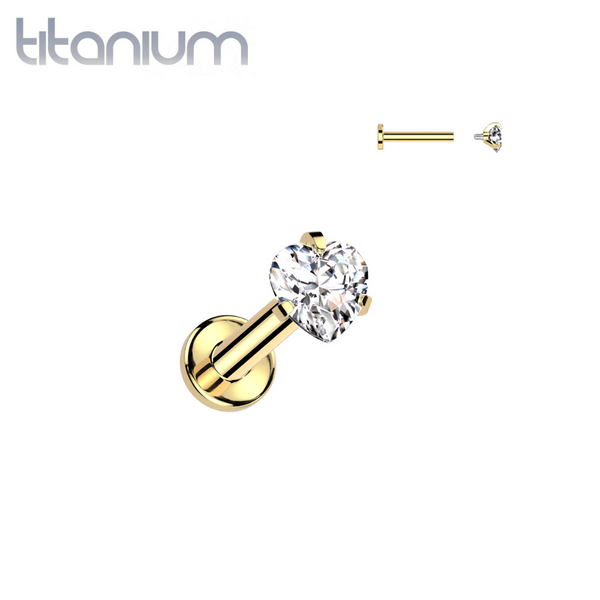 Implant Grade Titanium Gold PVD White Heart Shaped CZ Internally Threaded Flat Back Labret - Pierced Universe