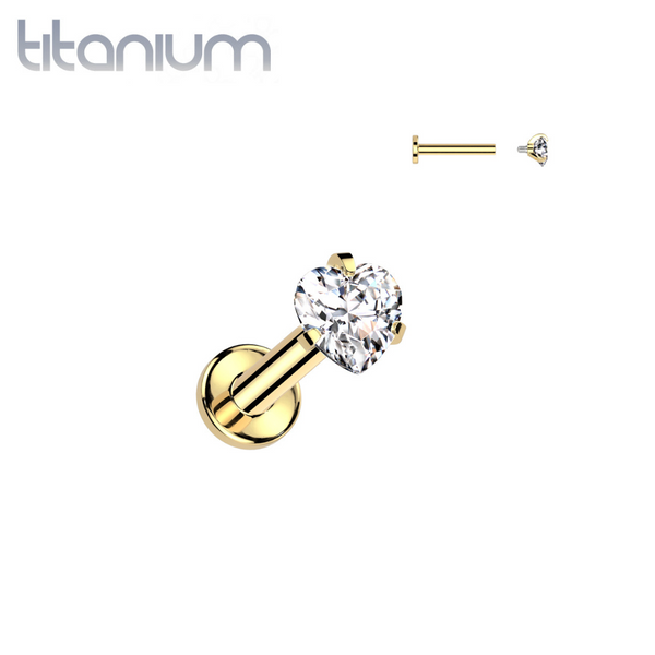 Implant Grade Titanium Gold PVD White Heart Shaped CZ Internally Threaded Flat Back Labret Implant Grade Titanium Gold PVD White Heart Shaped CZ Internally Threaded Flat Back Labret