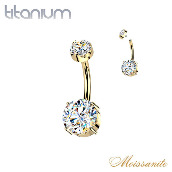 Implant Grade Titanium Gold PVD White Moissanite Internally Threaded Round Belly Ring - Pierced Universe