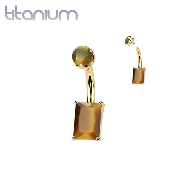 Implant Grade Titanium Gold PVD Tiger's Eye Stone Rectangle Internally Threaded Belly Ring