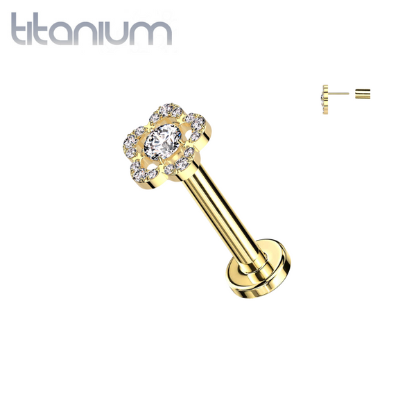 Implant Grade Titanium Threadless Gold PVD Large White CZ Petal Flower In Labret With Flat Back