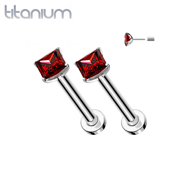 Pair of Implant Grade Titanium Threadless Square Red CZ Gem Earring Studs with Flat Back Pair of Implant Grade Titanium Threadless Square Red CZ Gem Earring Studs with Flat Back