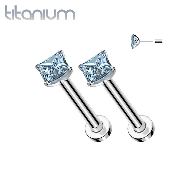 Pair of Implant Grade Titanium Threadless Square Aqua CZ Gem Earring Studs with Flat Back Pair of Implant Grade Titanium Threadless Square Aqua CZ Gem Earring Studs with Flat Back
