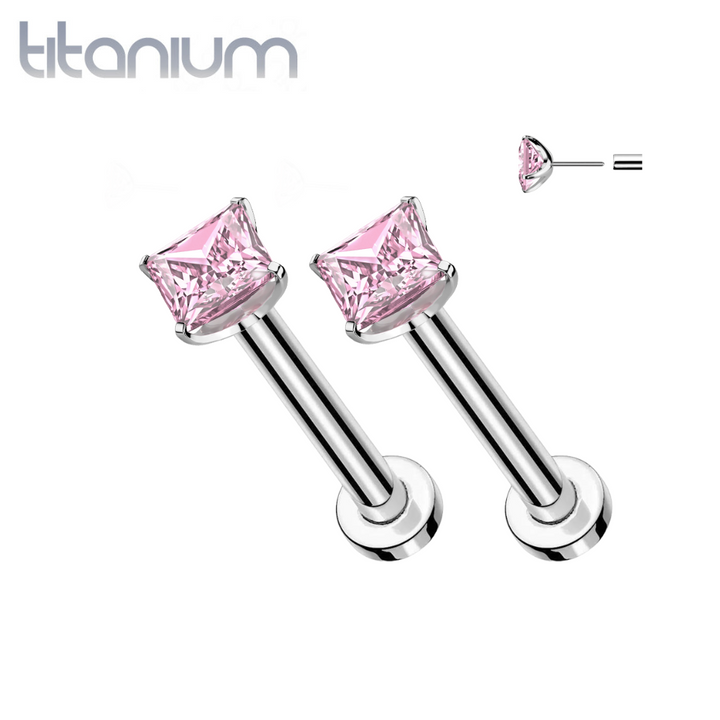 Pair of Implant Grade Titanium Threadless Square Pink CZ Gem Earring Studs with Flat Back - Pierced Universe