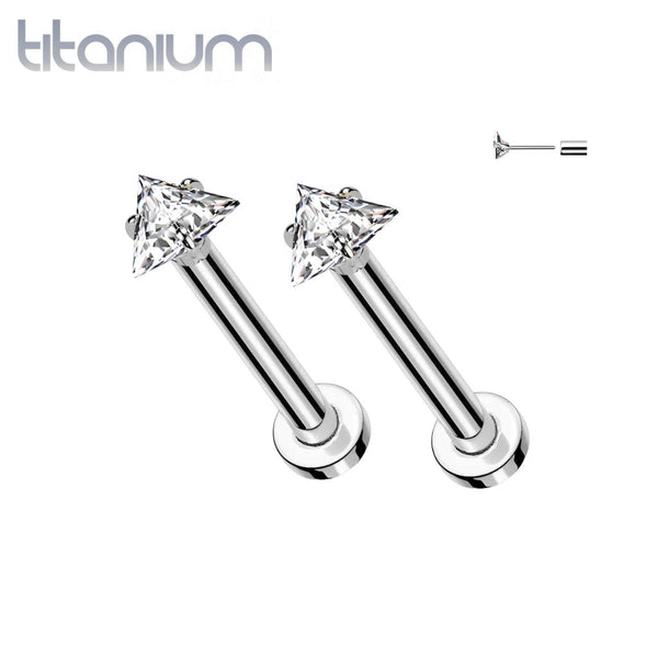Pair of Implant Grade Titanium White CZ Triangle Gem Threadless Push In Earrings With Flat Back