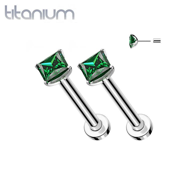 Pair of Implant Grade Titanium Threadless Square Emerald Green CZ Gem Earring Studs with Flat Back - Pierced Universe
