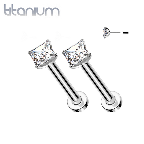 Pair of Implant Grade Titanium Threadless Square Vitrail Medium CZ Gem Earring Studs with Flat Back Pair of Implant Grade Titanium Threadless Square Vitrail Medium CZ Gem Earring Studs with Flat Back