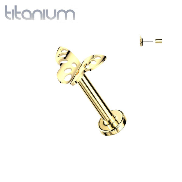 Implant Grade Titanium Threadless Gold PVD Butterfly Push In Labret With Flat Back