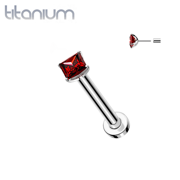 Implant Grade Titanium Square Red CZ Gem Threadless Push In Labret Implant Grade Titanium Square Red CZ Gem Threadless Push In Labret