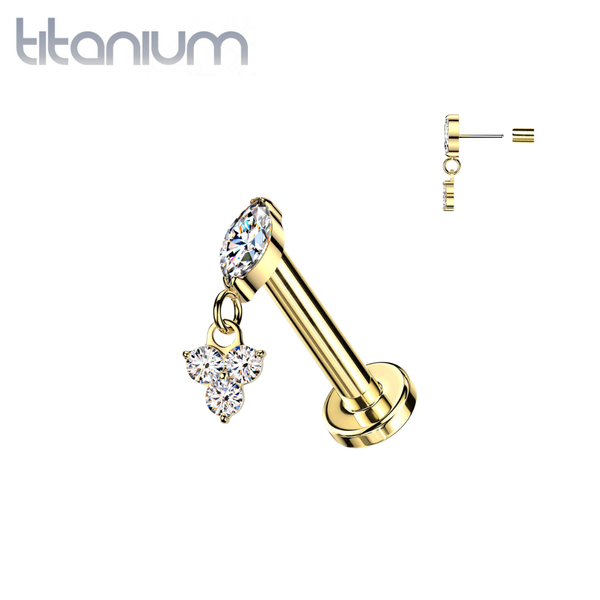 Implant Grade Titanium Gold PVD White CZ Marquise Gem With Trillium Dangle Threadless Push In Labret With Flat Back