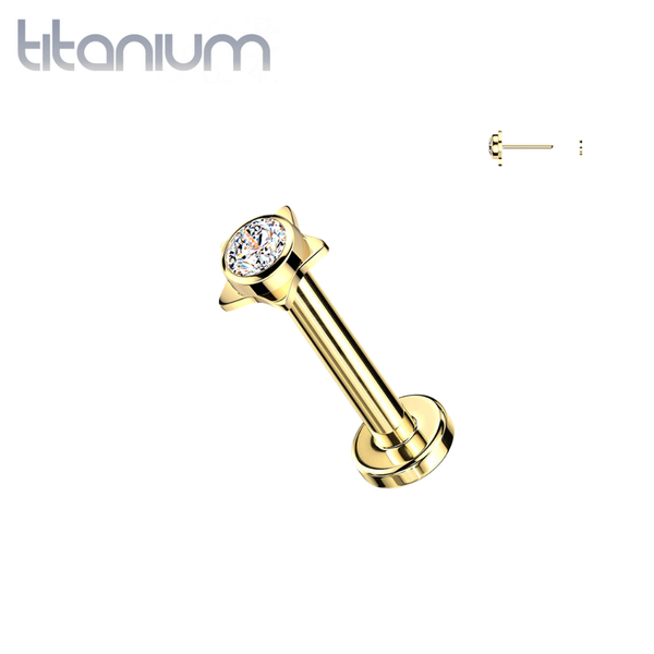 Implant Grade Titanium Gold PVD White CZ Bezel Star Threadless Push In Labret With Flat Back - Pierced Universe