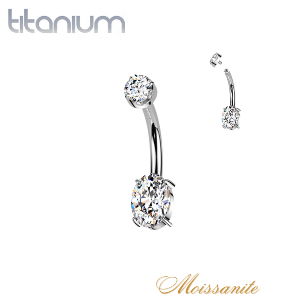 Implant Grade Titanium White Moissanite Dainty Oval Internally Threaded Belly Ring
