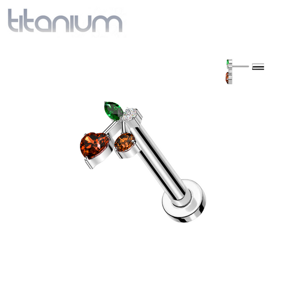 Implant Grade Titanium Red CZ Heart Cherry Cute Push In Threadless Labret With Flat Back