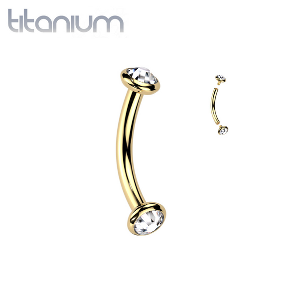 Implant Grade Titanium Gold PVD White CZ Bezel Internally Threaded Curved Barbell