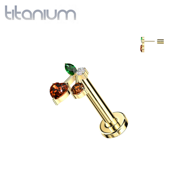 Implant Grade Titanium Red CZ Heart Cherry Cute Push In Threadless Labret With Flat Back