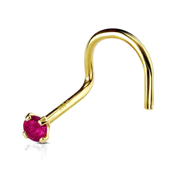 14KT Solid Yellow Gold Prong Bright Hot Pink CZ Gem Corkscrew Nose Ring Stud - Pierced Universe