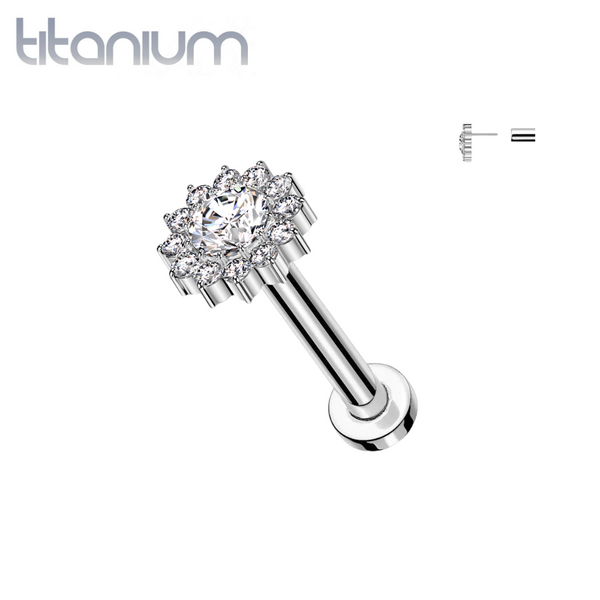 Implant Grade Titanium White CZ Large Sunflower Threadless Labret With Flat Back - Pierced Universe