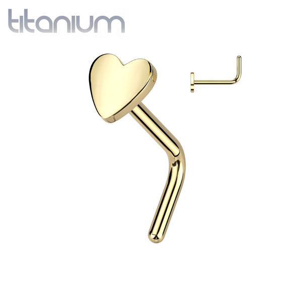Implant Grade Titanium Gold PVD Heart L-Shaped Nose Ring Stud - Pierced Universe