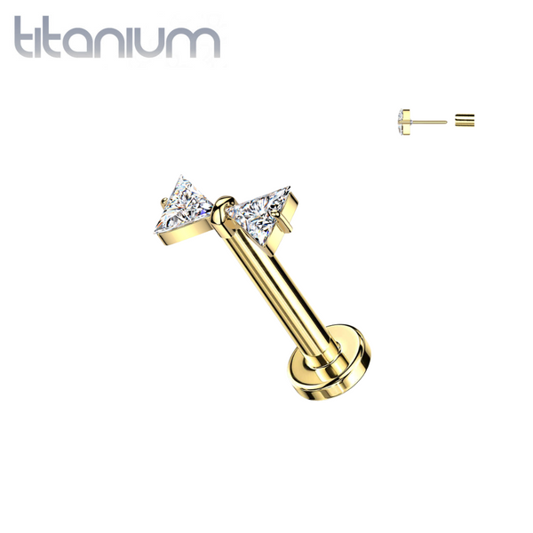 Implant Grade Titanium Gold PVD White CZ Bow Push In Threadless Labret With Flat Back