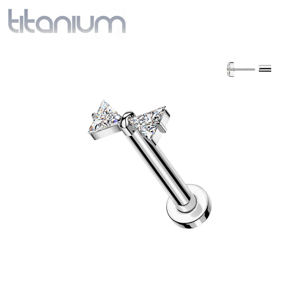 Implant Grade Titanium White CZ Bow Push In Threadless Labret With Flat Back