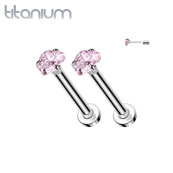Pair of Implant Grade Titanium Pink CZ Heart Shaped Gem Threadless Push In Earrings With Flat Back