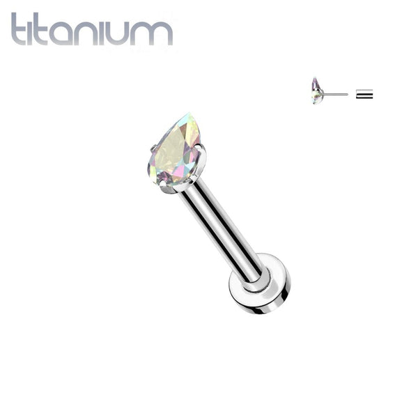Implant Grade Titanium Aurora Borealis CZ Teardrop Gem Threadless Labret With Flat Back - Pierced Universe