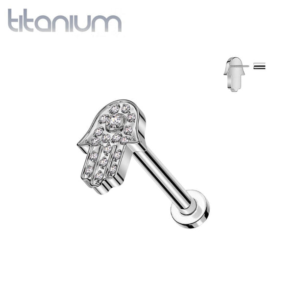 Implant Grade Titanium Large White CZ Gem Hamsa Hand Threadless Push In Labret - Pierced Universe