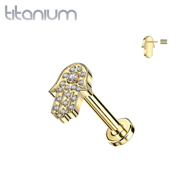 Implant Grade Titanium Gold PVD Large White CZ Gem Hamsa Hand Threadless Push In Labret - Pierced Universe