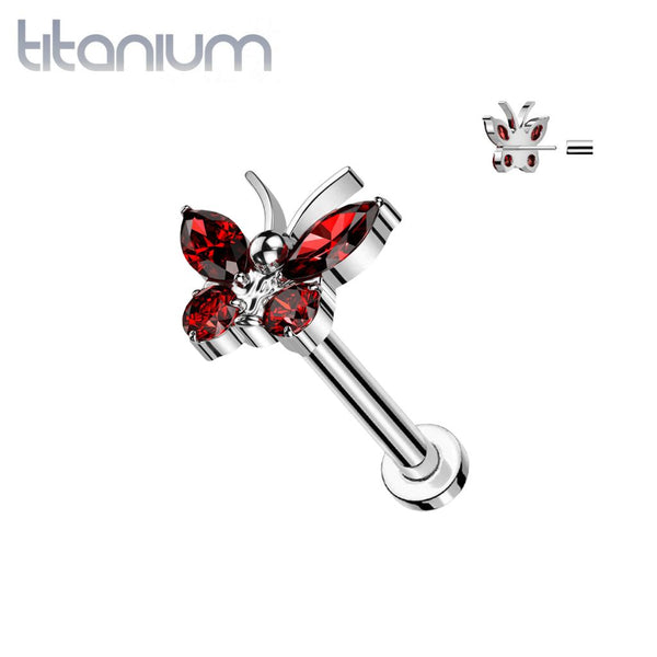 Implant Grade Titanium Large Red CZ Gem Butterfly Threadless Push In Labret - Pierced Universe