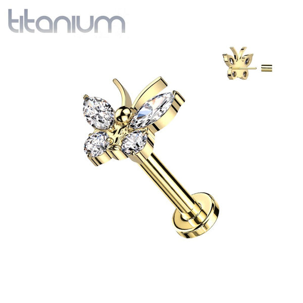 Implant Grade Titanium Gold PVD Large White CZ Gem Butterfly Threadless Push In Labret - Pierced Universe
