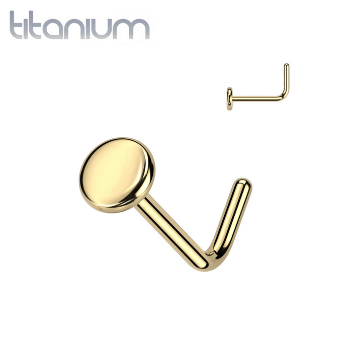 Implant Grade Titanium Gold PVD Small Flat Circle Disc L-Shaped Nose Ring Stud - Pierced Universe