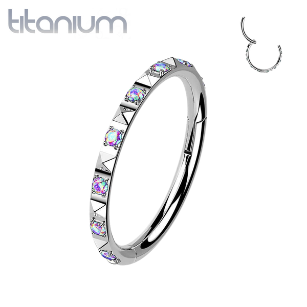 Implant Grade Titanium Ridged With Aurora Borealis CZ Gems Hinged Hoop Clicker Ring - Pierced Universe