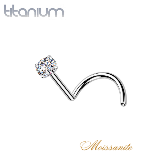 Implant Grade Titanium White CZ Moissanite Corkscrew Nose Ring