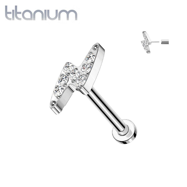 Implant Grade Titanium White CZ Lightning Bolt Top Threadless Push In Labret Implant Grade Titanium White CZ Lightning Bolt Top Threadless Push In Labret