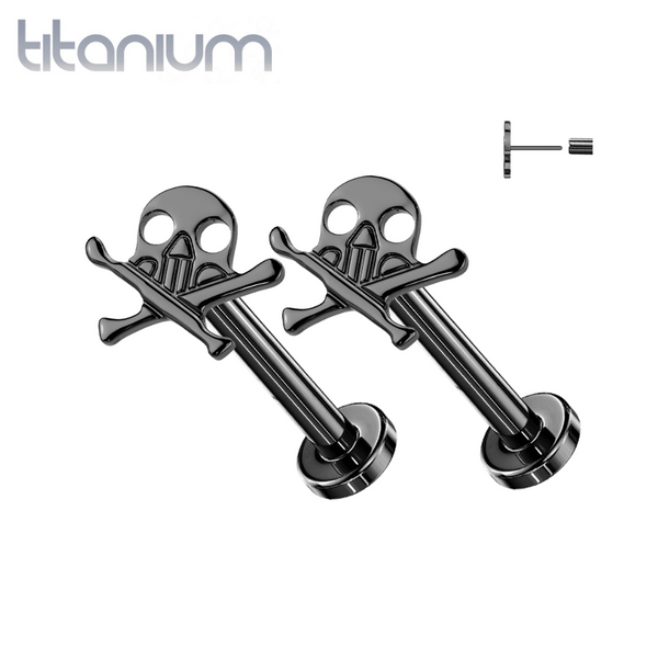 Pair of Implant Grade Titanium Black PVD Skull and Crossbones Push In Threadless Earrings With Flat Back - Pierced Universe