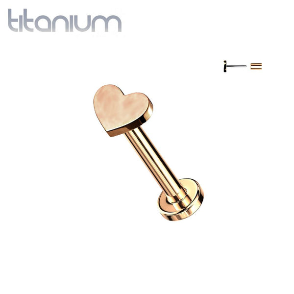 Implant Grade Titanium Threadless Push In Tragus/Cartilage Rose Gold PVD Heart Stud With Flat Back