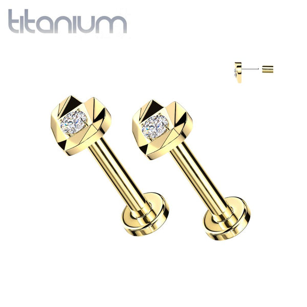 Pair of Implant Grade Titanium Gold PVD White CZ Ridged Cut Heart Push In Threadless Earring Studs Flat Back